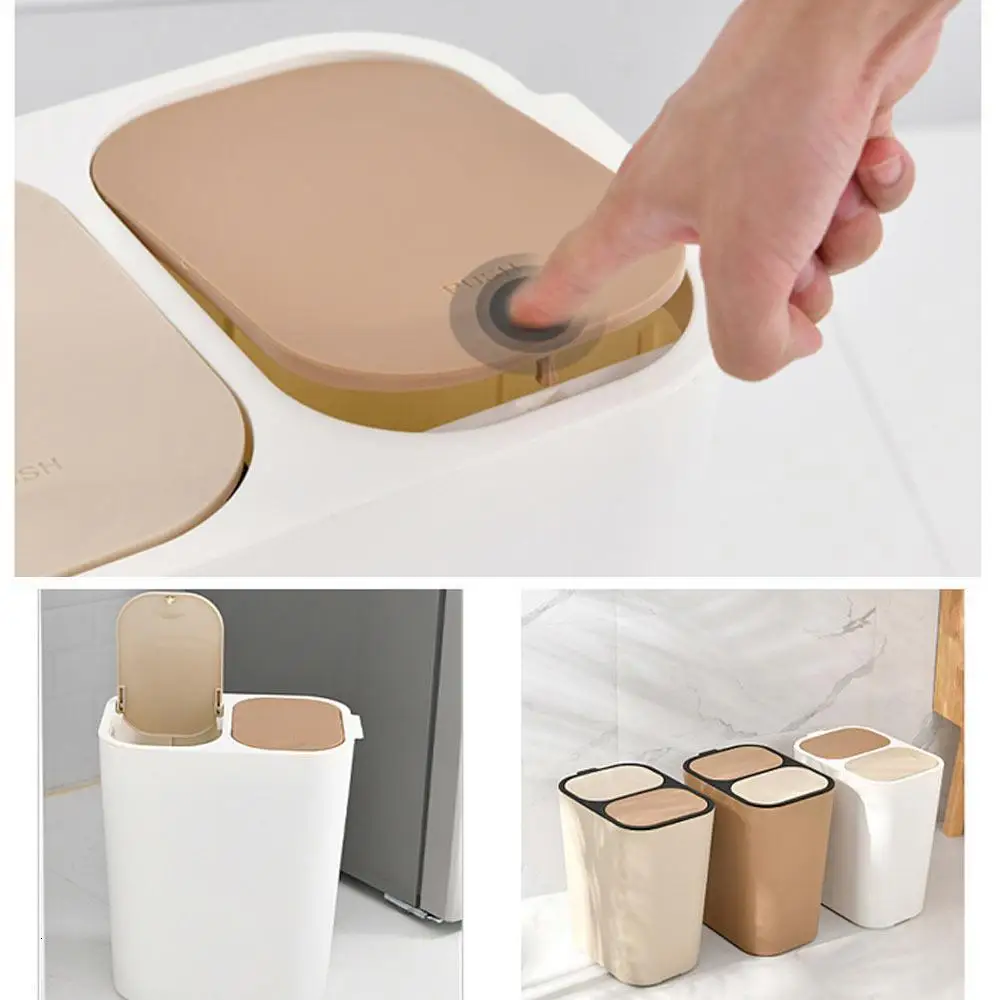 

Wet and Dry Sorting Bins Rectangle Plastic Push-Button Double Trash Cans Caps Household Kitchen Waste Basket Garbage Container