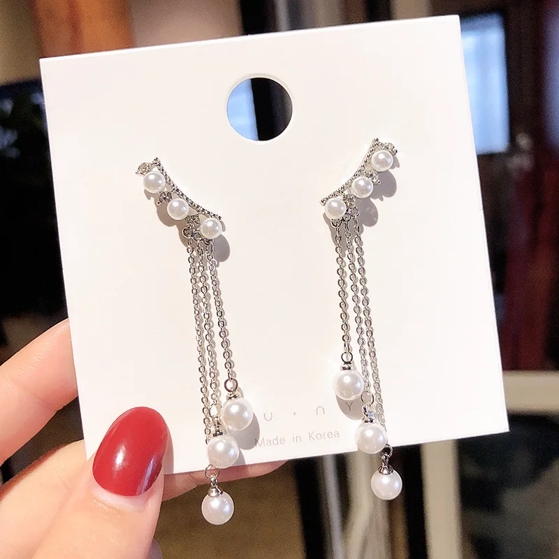 

S925 Silver Needle Earrings Pearl Super Fairy Long Tassel Earrings