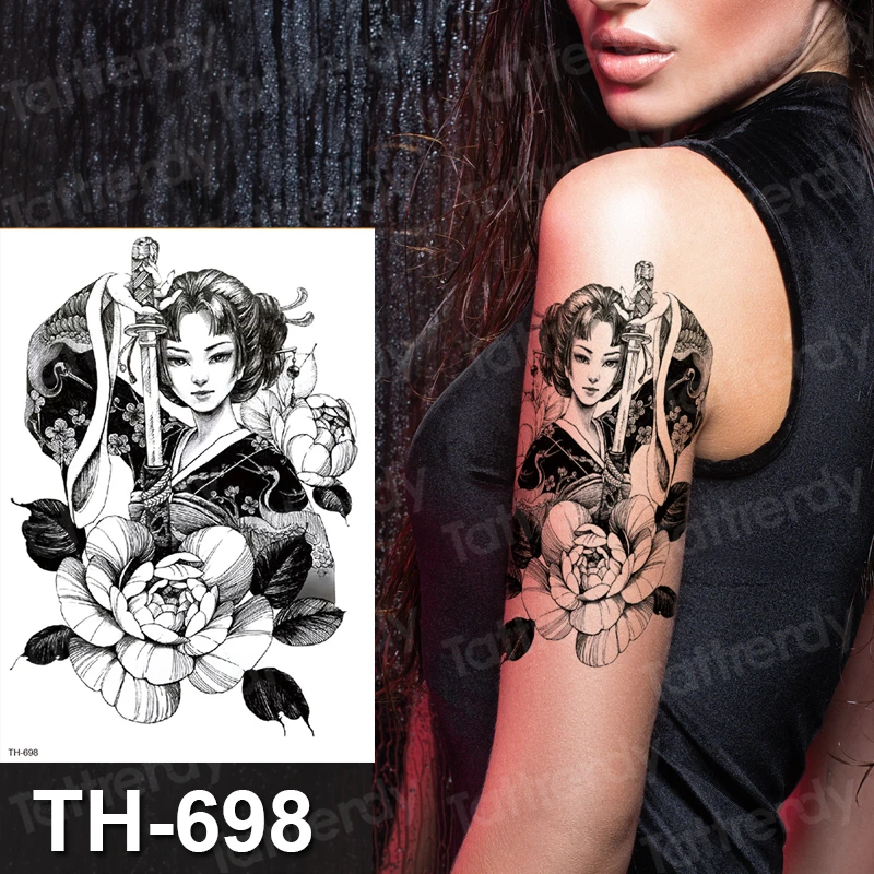 japanese tattoo geisha waterproof temporary tattoos sleeve arm under breast tattoo black water transfer tatoo fake sheet models images - 6