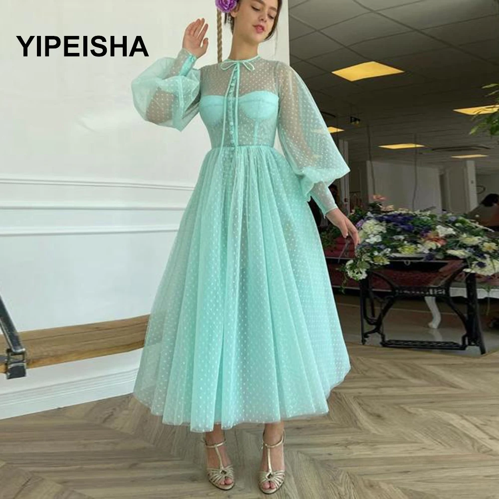 

Turquoise Green Dotted Tulle Tea Length Prom Dresses With Buttoned Top O-Neck Long Puff Sleeves IIIusion Homecoming Party Dress