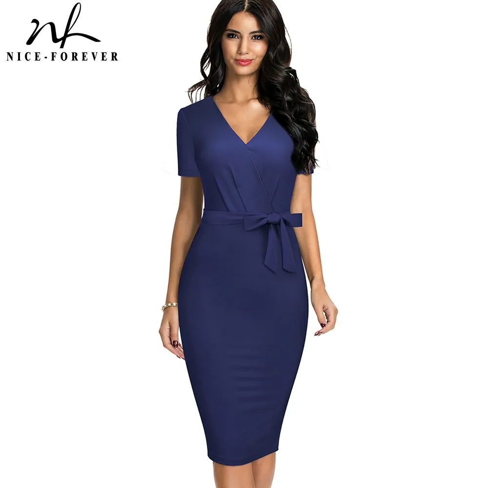 

Женское винтажное Деловое платье Nice-forever, летнее, элегантное и облегающее платье красного цвета с поясом, модель B642