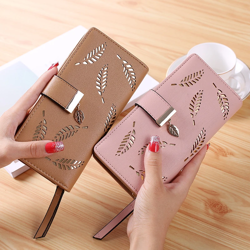 women wallet gold hollow leaves pu leather zipper coin purse female long hasp multifunction card holders clutch phone bag lady free global shipping