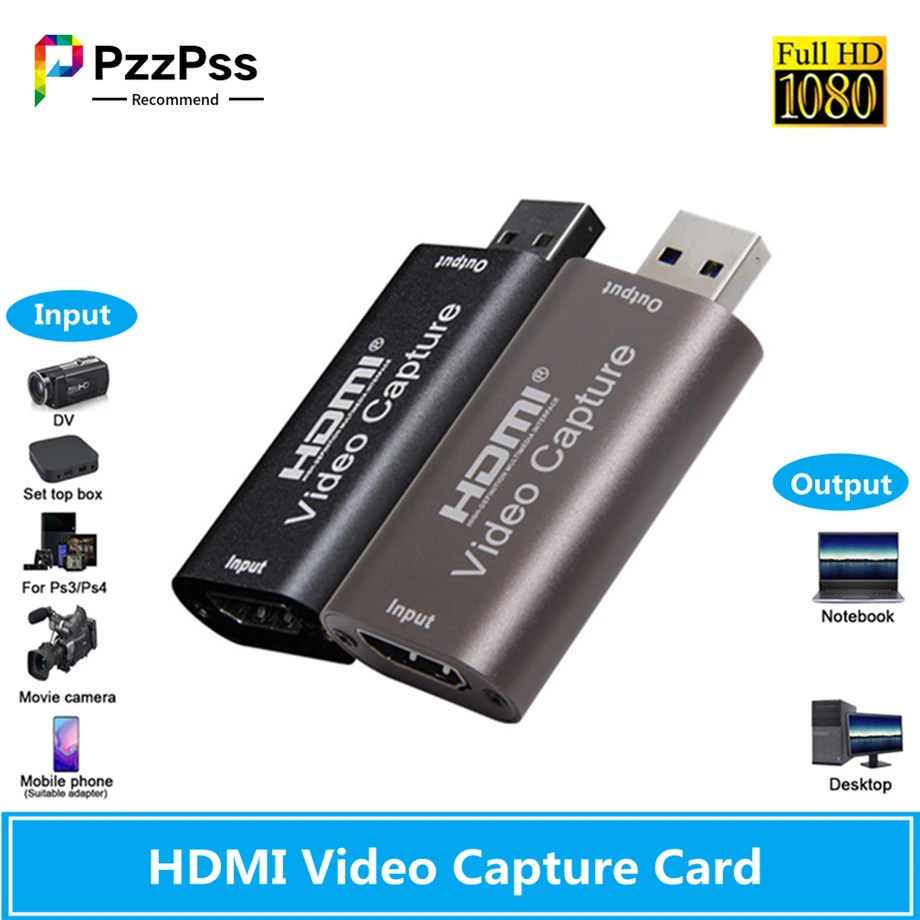 

PzzPss Video Capture Card USB 3.0 2.0 HDMI Video Grabber Record Box for PS4 Game DVD Camcorder Camera Recording Live Streaming