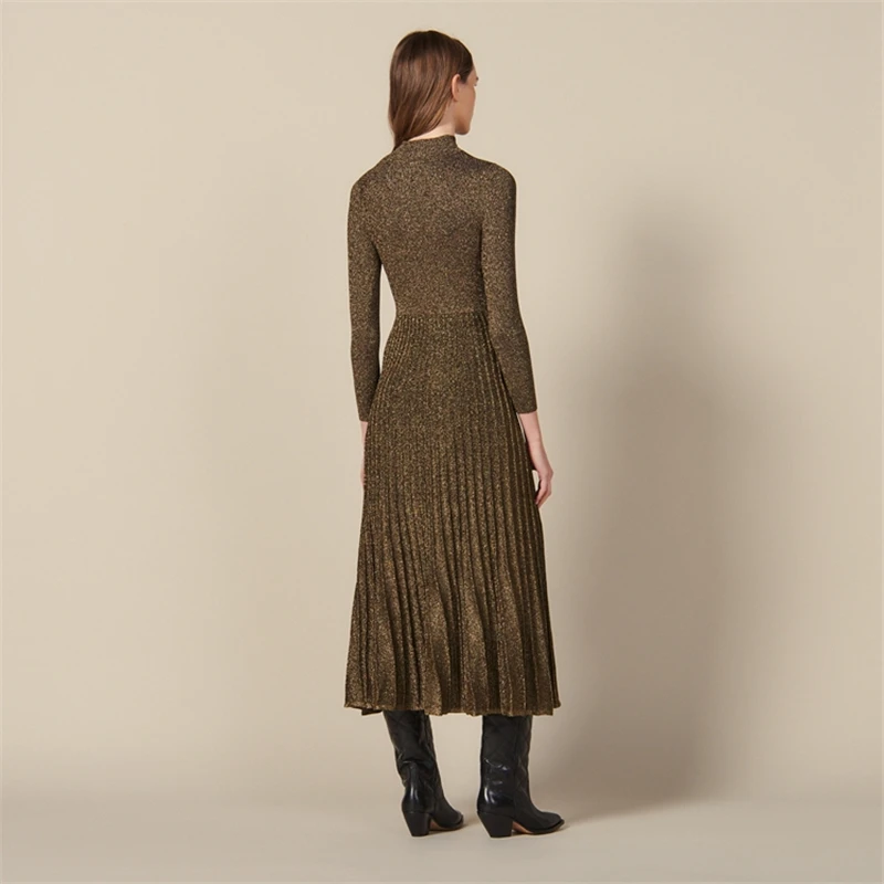 Туника Облегающая водолазка однотонное платье для женщин Vestido Longo люрекс вязаный халат элегантный облегающий пуловер Джемпер с длинными рукавами