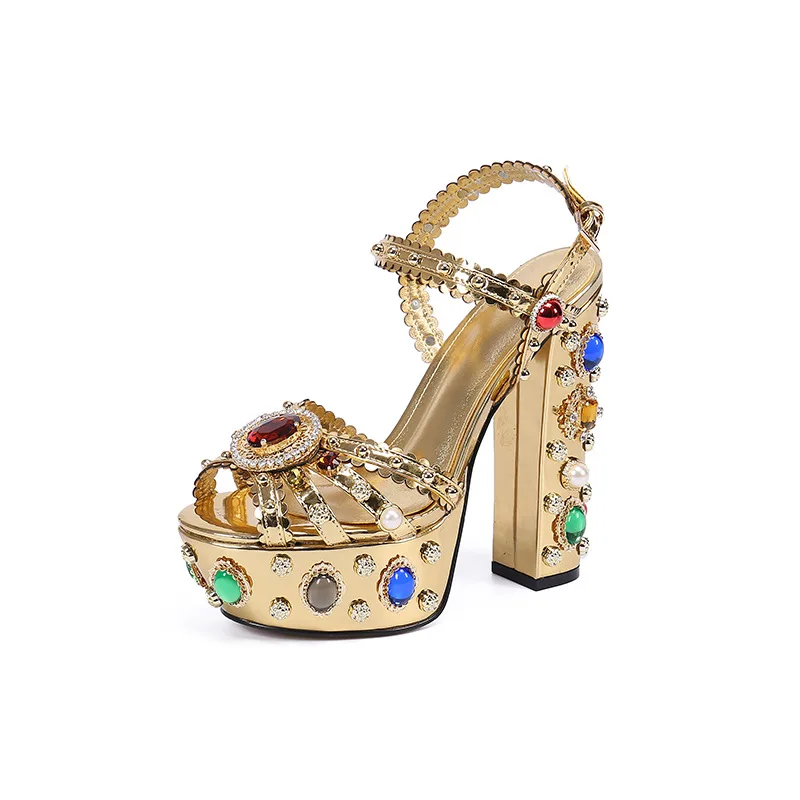 

Prowow New Metallic Leather Diamond Jewel Emblishment Summer Sandals Platform Chunky Heel Sandals Shoes Women