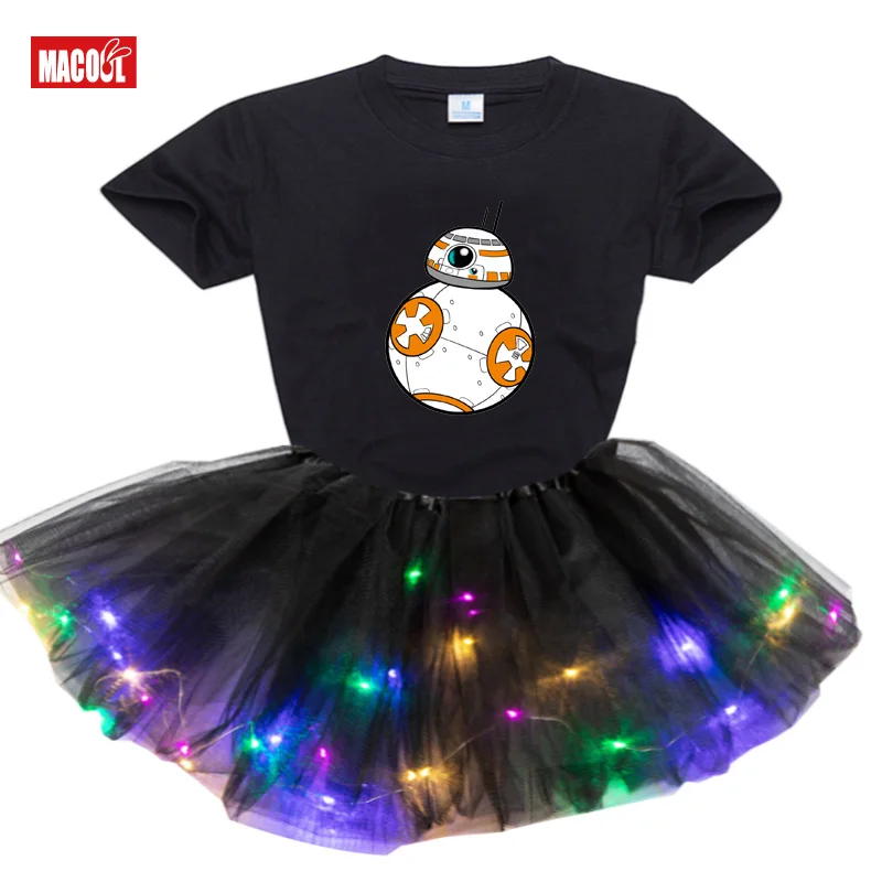 

Girls Summer Clothing Set Cartoon Dress Kids Clothes Children Clothing Toddler Outfits Children T Shirt +LED Dress 2 4 6 8Year