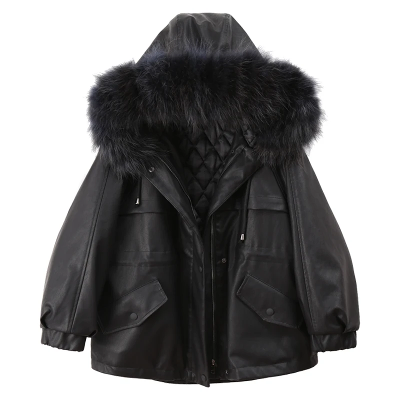 Hooded Genuine Fur Collar Thick Leather Coat Women's Winter New Korean Style Loose PU Leather Jacket