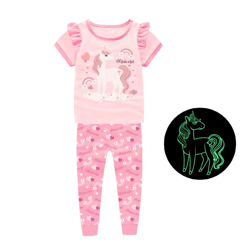 

Toddler Girl Unicorn Luminous pajamas Set Kid Cotton Sleeping Clothes Soft Underwear Baby Cartoon Short sleeve trousers Homewear