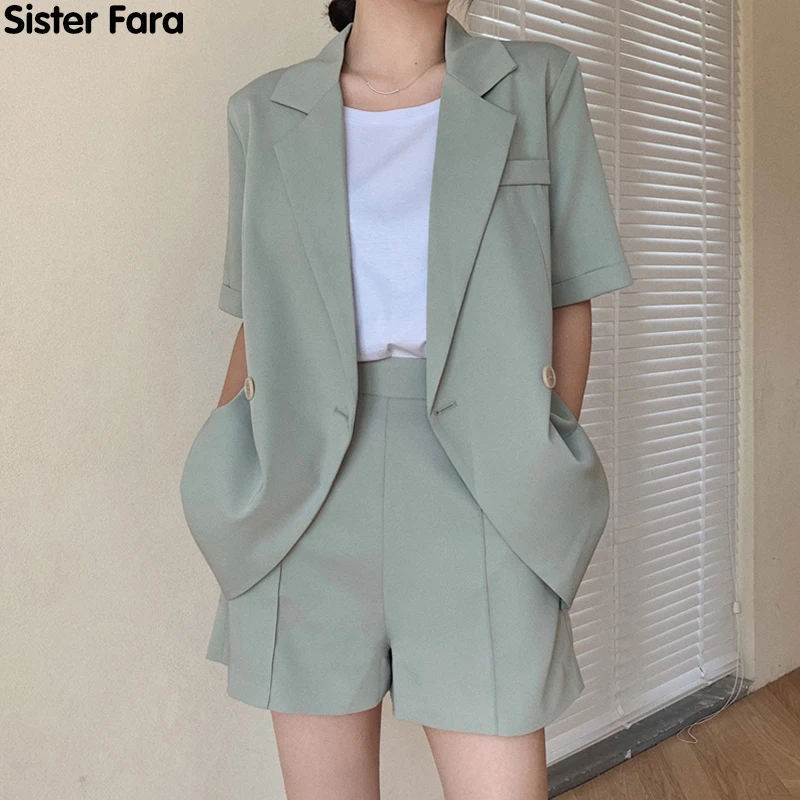 

Sister Fara Fashion Summer Casual Short Sleeve Blazer Women's Two Piece Suit +High Waist Zipper Fly Shorts Elegant Female Suit
