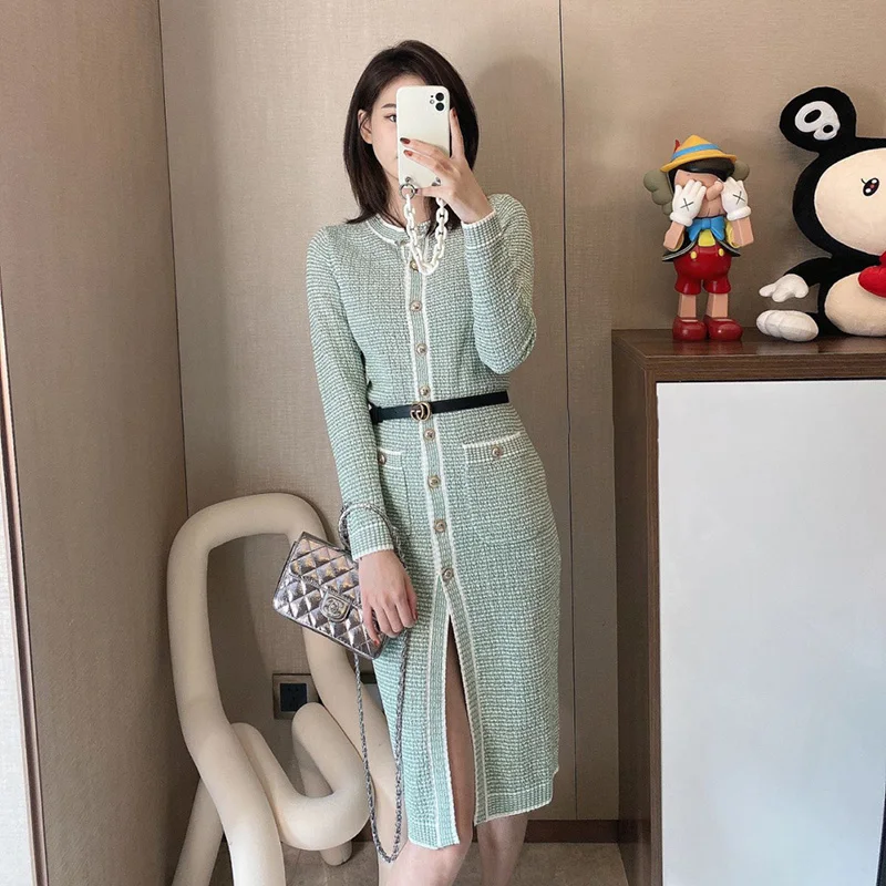 

Dress Long Sweater Cardigan Women Single Breasted Spring New Fashion Pink Green Striped Knitting Clothes High Street Vintage Y2K