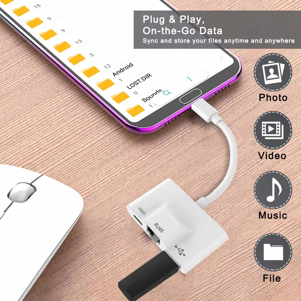 Ethernet адаптер RJ45 типа c Rosyclo 3 в 1 LAN проводной гигабитный сетевой OTG USB кардридер для