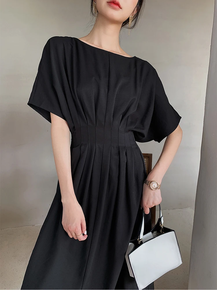 

Hepburn Style Vintage Black Dress Summer 2020 French Long Pleated Tight Waist Short Sleeve Ladies Elegant A Line Party Dresses