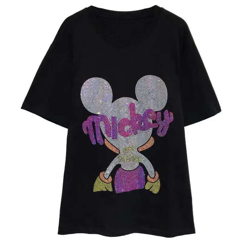 

Summer New Style Letters Print Hot Rhinestone Cartoon T-shirt Women Short-sleeved Diamonds Loose Round Woman Tshirts
