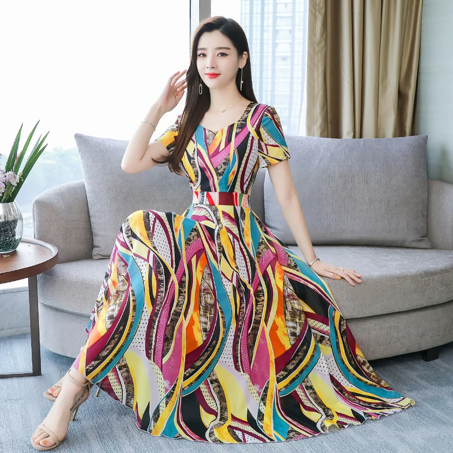 Женское пляжное платье макси винтажное шифоновое миди с принтом элегантное
