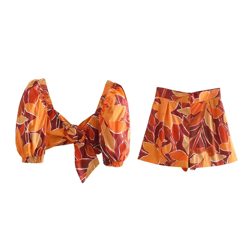 

2 Pcs ZA Women Summer Floral Printed Short Puff Sleeve Tops+Shorts Suit Fashion Female Backless Casual Clothes