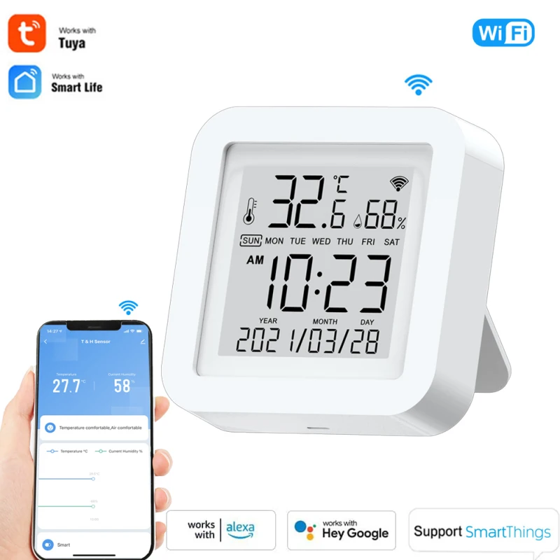 

2021 Wi-Fi датчик температуры и влажности Tuya, комнатный гигрометр, термометр с ЖК-дисплеем, работает с Alexa Google Assistant