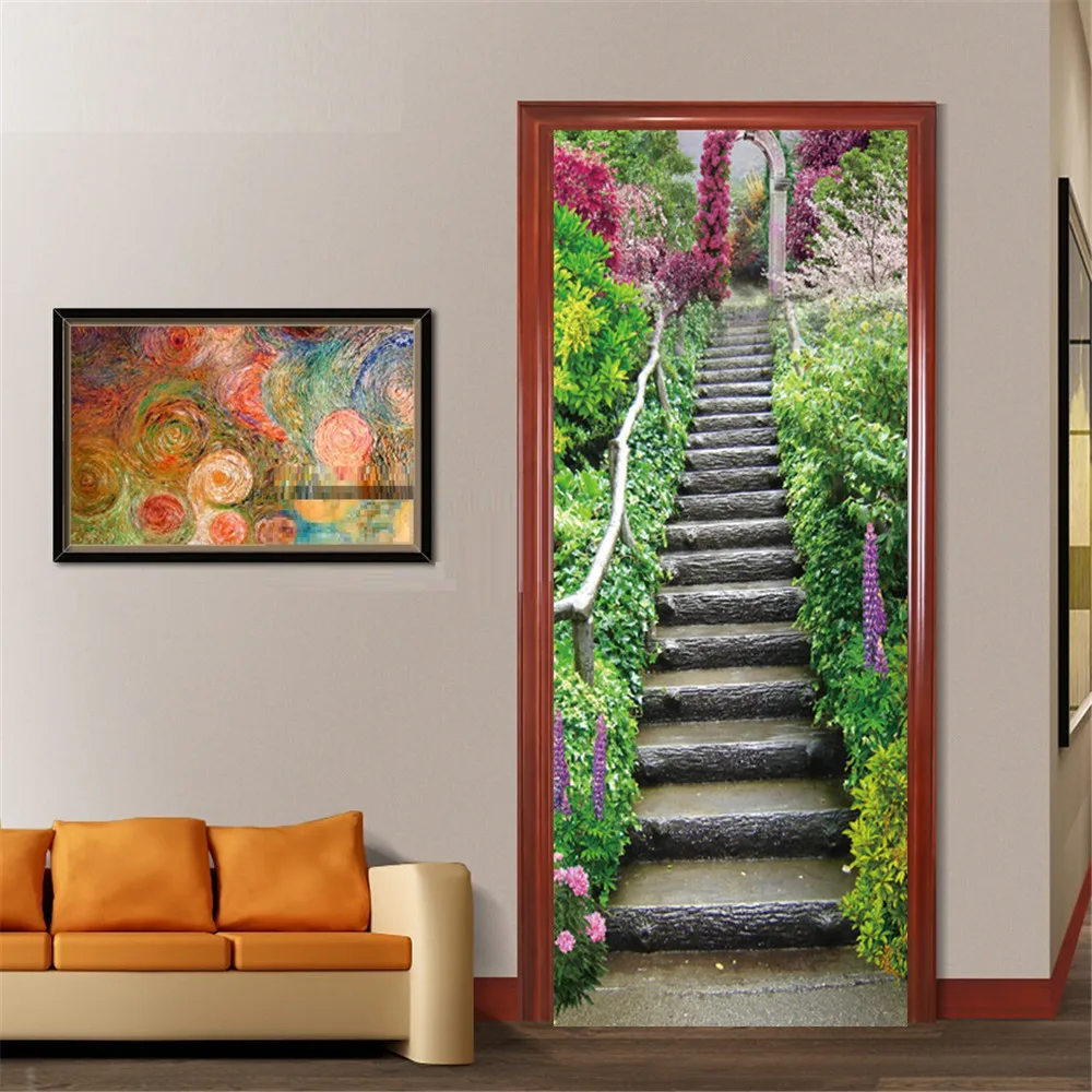 

Креативные дверные наклейки с зелеными растениями на лестницу, Индивидуальный размер, клейкие обои на двери, «сделай сам», обновление, водо...