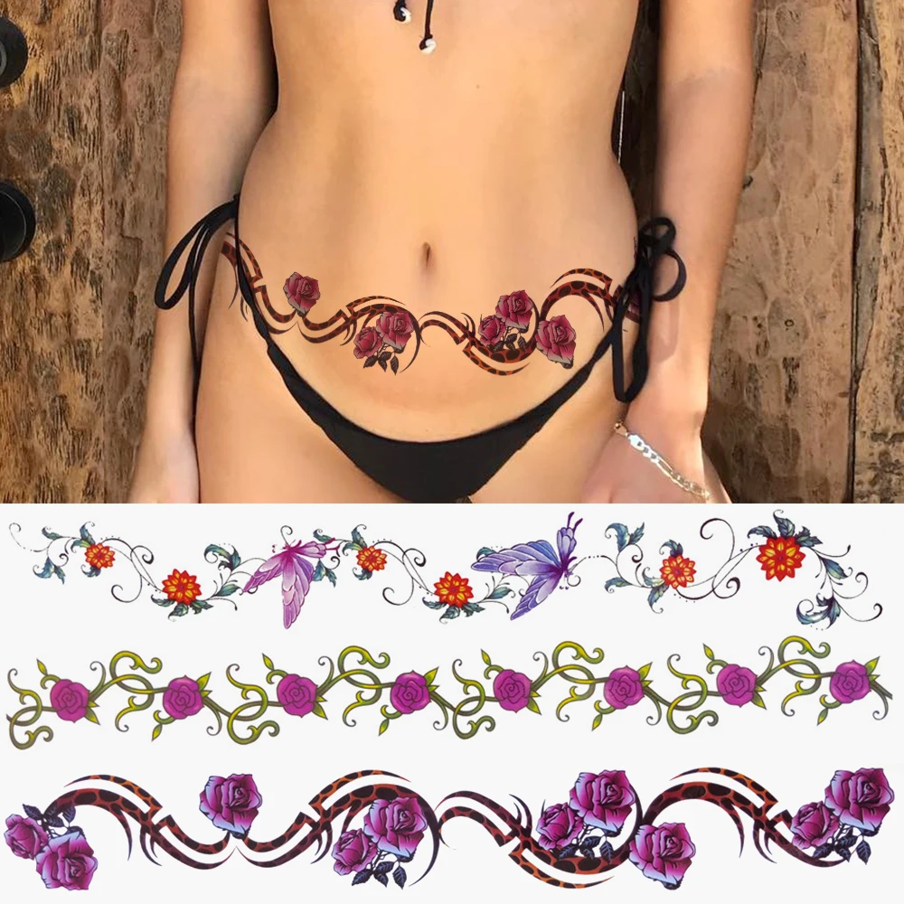 Purple Flower Temporary Tattoos For Women Girls Fake Butterfly Tattoo Sticker Sexy Rose Vines Long Waist Body Tatoos Watercolour