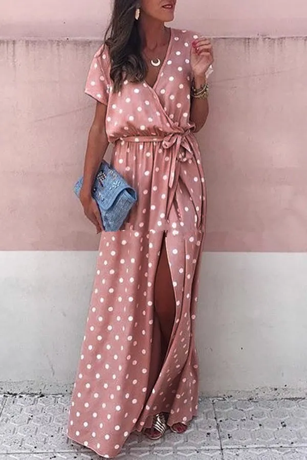 2019 летние Для женщин розового цвета с узором в горошек Повседневное платье макси