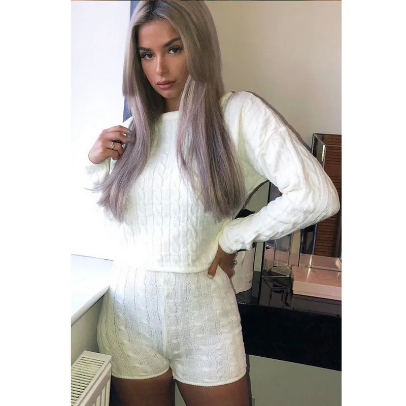 

New Womens Kintted Set Fashion Crop Top Lounge Wear Set Ladies Solid Color Batwing Sleeve Pullover And Shorts 2pcs Tracksuit Set