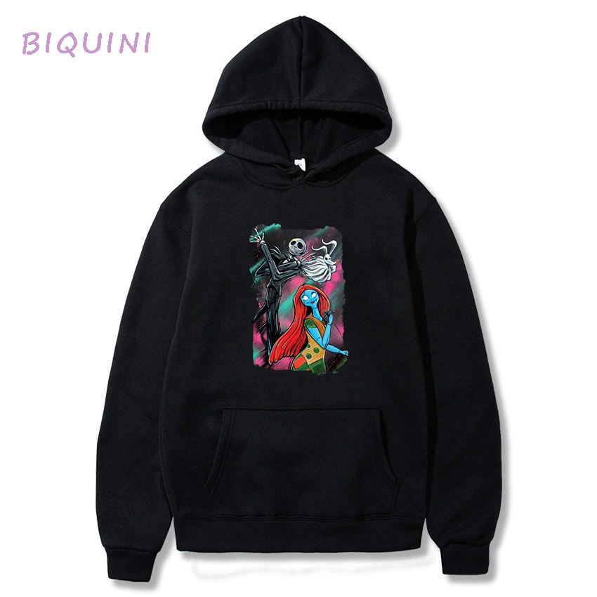 

Nightmare Game Hooded Sweater Fashion Trend Street Style Movement Youth Floral Print Cartoon Anime Skeleton Couples Autumn Black