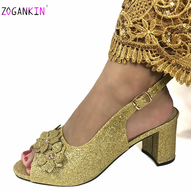 

Сандалии женские в нигерийском стиле, удобные Босоножки на каблуке, с ремешком на пятке, цвет золотистый, милый стиль, для королевской свадь...