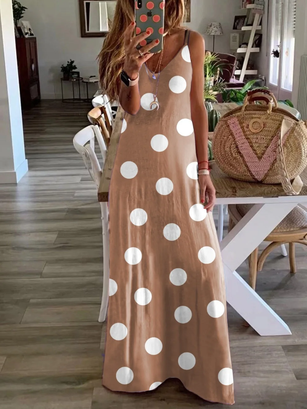 

Dot Printed Sexy Women Robe Slim Long Boho Dresses Summer 2021 Sleeveless V-Neck Loose Maxi Dress Large Size Women Dress S-5XL