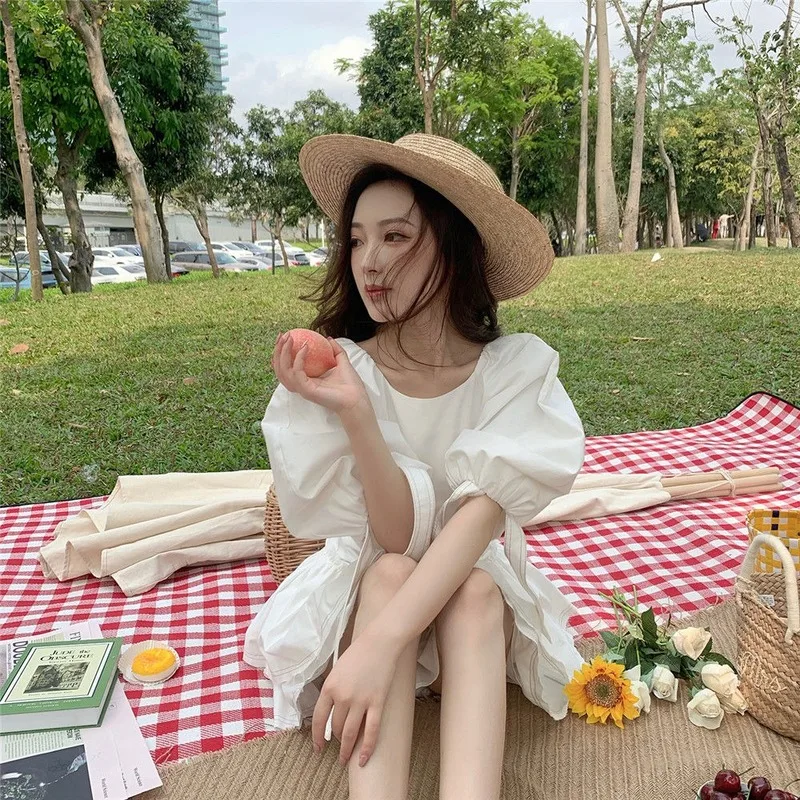 Женское винтажное платье мини с пышными рукавами Летнее белое в Корейском стиле