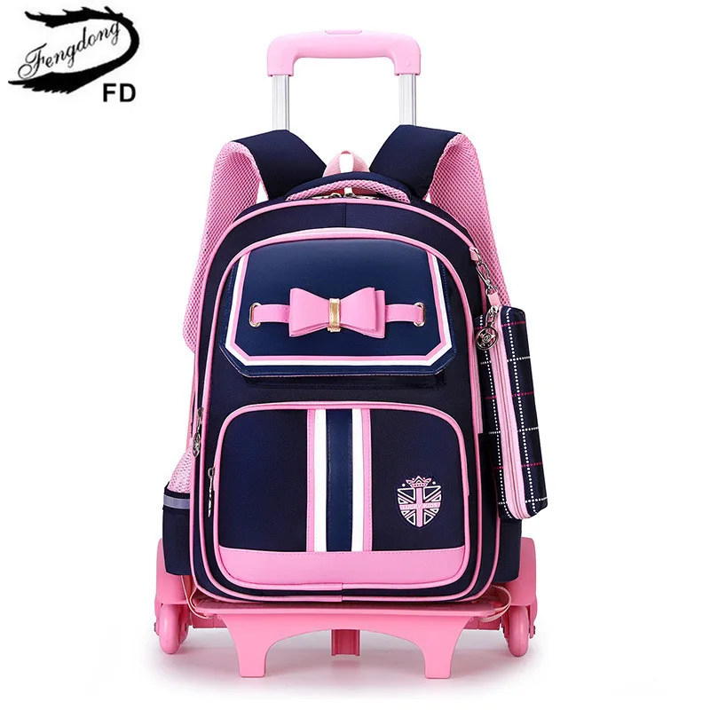 Детский Школьный рюкзак с колесами Fengdong, черный школьный рюкзак с колесами для девочек, с местом под горло, с местом под лестницу, осень