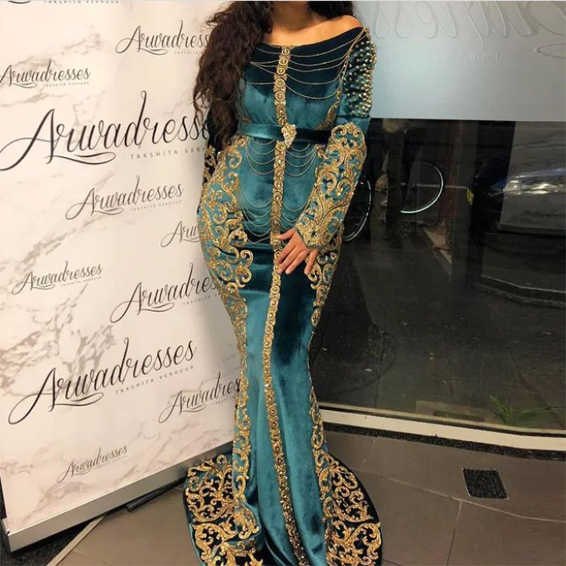 

Custom Velour Islamic Saudi Arabic Mermaid Evening Dresses Long Sleeves Women Plus Size Moroccan Kaftan Embroidery Prom Gowns