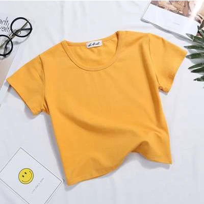O-Yellow Повседневные однотонные Короткие топы с буквенным принтом, женские модные тонкие футболки с коротким рукавом, летние женские модные простые футболки с графикой, Новинка - Цвет: O-Yellow