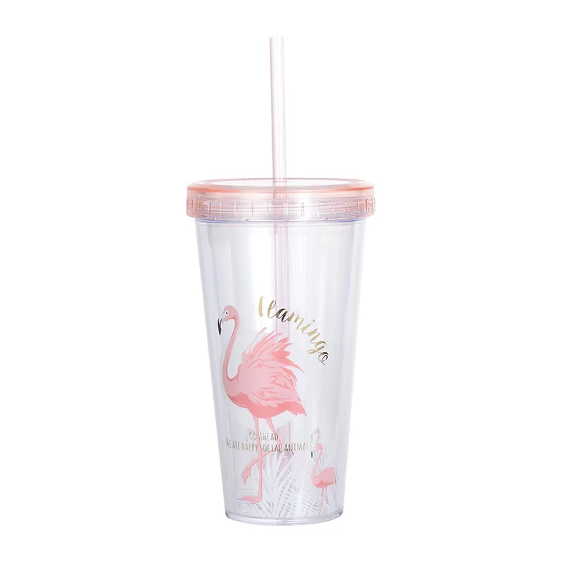 

Creative Flamingo Plastic Cups With Straw Drinkware Cartoon Drinking Container Double Wall Coffee Tea Milk Juice Water Cup Mugs