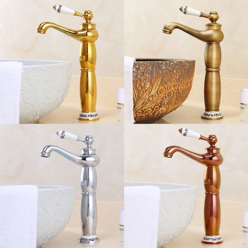 

European Brass Antique Basin Faucets Above Counter Basin Hot and Cold Water Tap Single Hole Washbasin Deck Mounted Mixer Crane