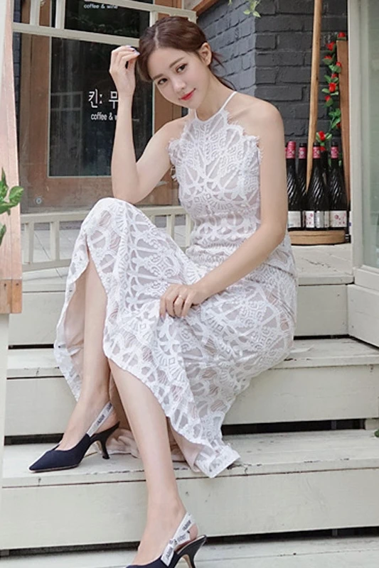 

COIGARSAM Fashion Lace Women Long dress New Summer Dresses White 005