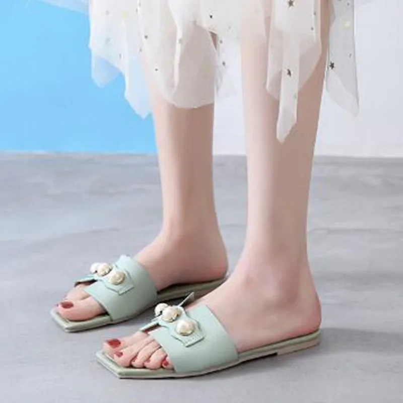 

Summer Women Beaded Slippers PU Leather Vintage Flip Flop Flat with Slide Shoes Flat Slippers for Women Sandals Zapatillas Mujer