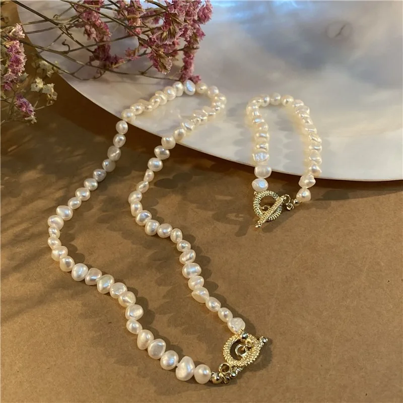 

New Fashion Gold Natural Freshwater Pearl Clavicle Necklace Bracelet Set Dedicate Irregular Pearl Necklace Women Jewelry Gift