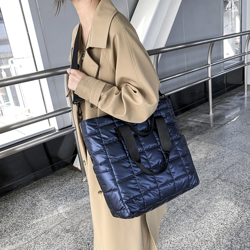 

Winter Space Cotton Shoulder Bags For Women 2022 Luxury Crossbody Down Bag Designer Totes Wide Shoulder Strap Women Tote Handbag
