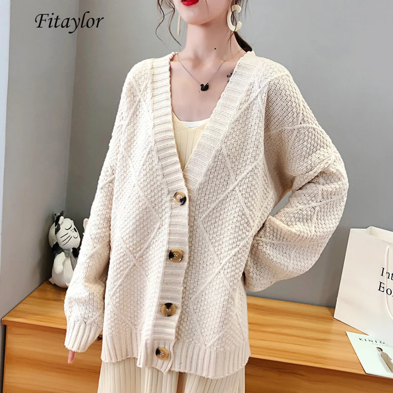 Fitaylor Autumn Winter Women Knitted Sweater Cardigan Coat Casual Loose Single Breasted V Neck Long Sleeve Female Coats |