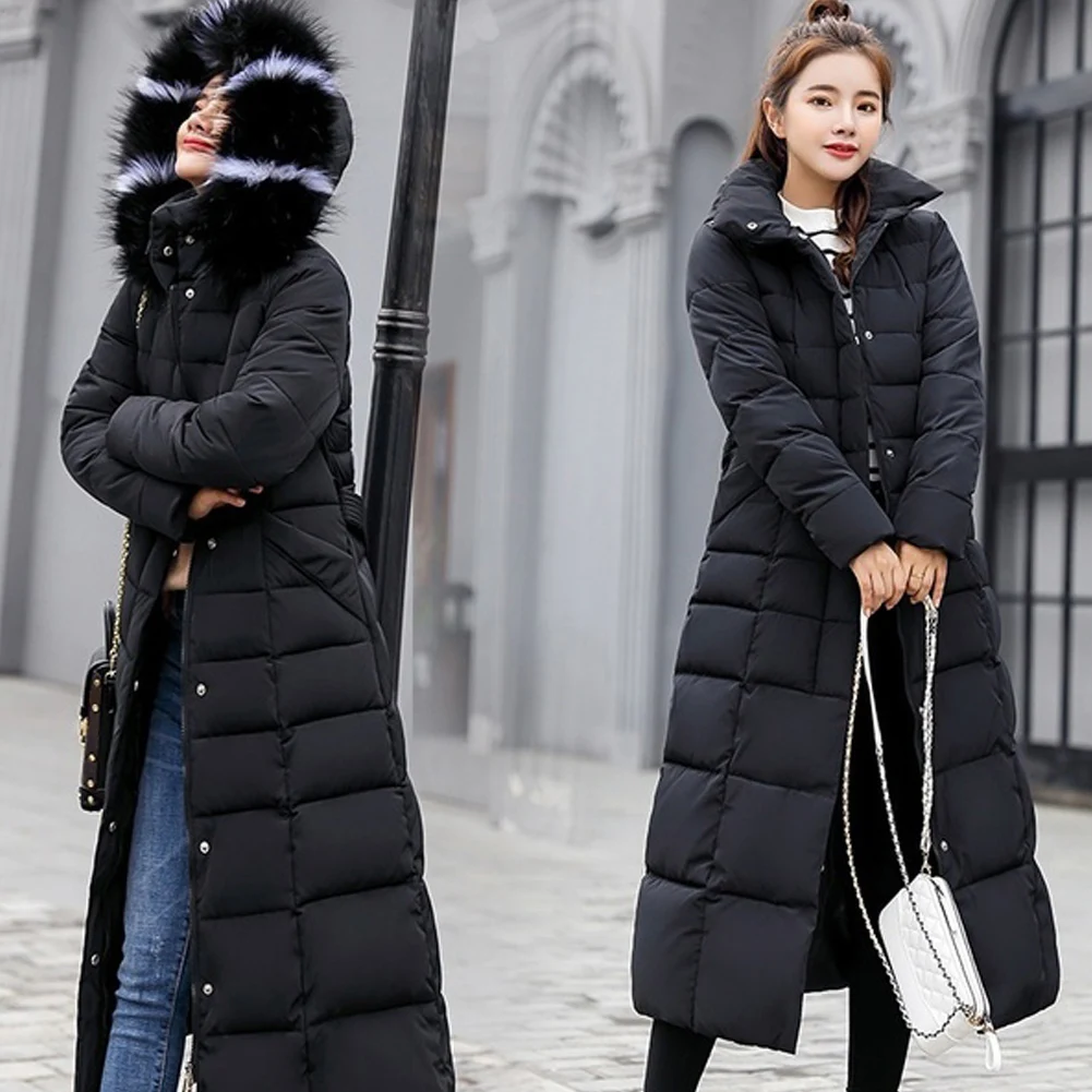 

Women Winter Long Warm Jacket Long Sleeve With Hat Down Coat Cotton-padded Thickening Casual Hooded