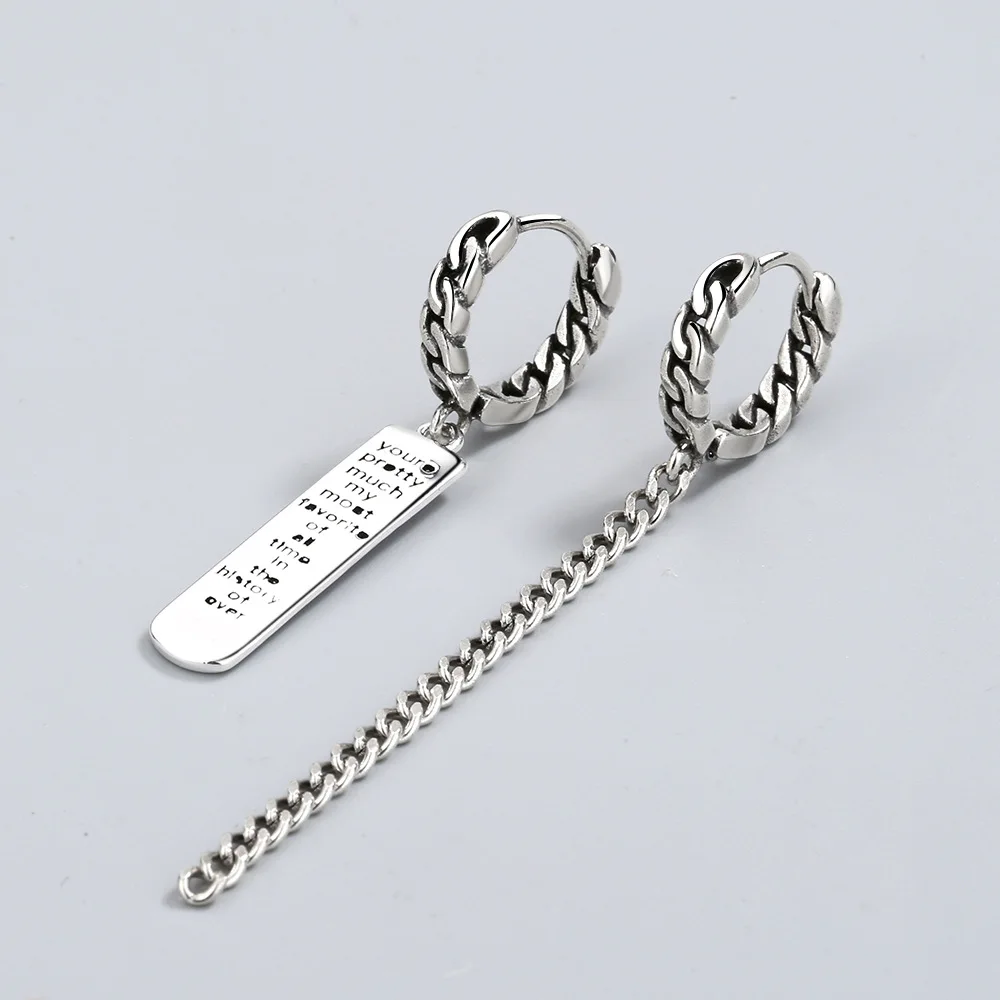 

Vintage Letter Long Tassel Chain Asymmetric Hoop Earrings For Women Thai 925 Sterling Silver Trendy Fashion Korean Jewelry