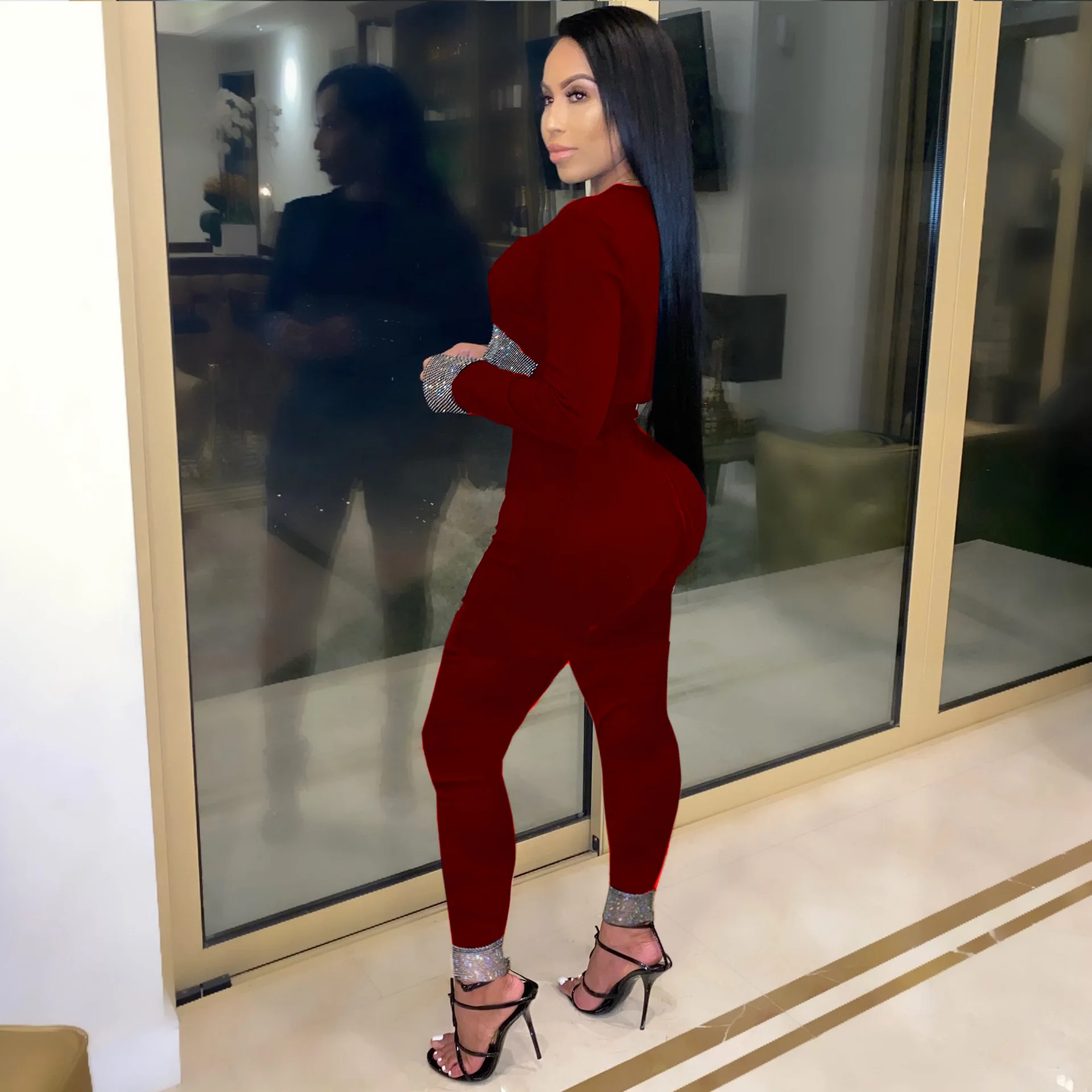 

Diamond Patchwork Crop Top and Legging Pants Two Piece Set Skinny Long Pants luxurious Party Clubwear tracksuit women