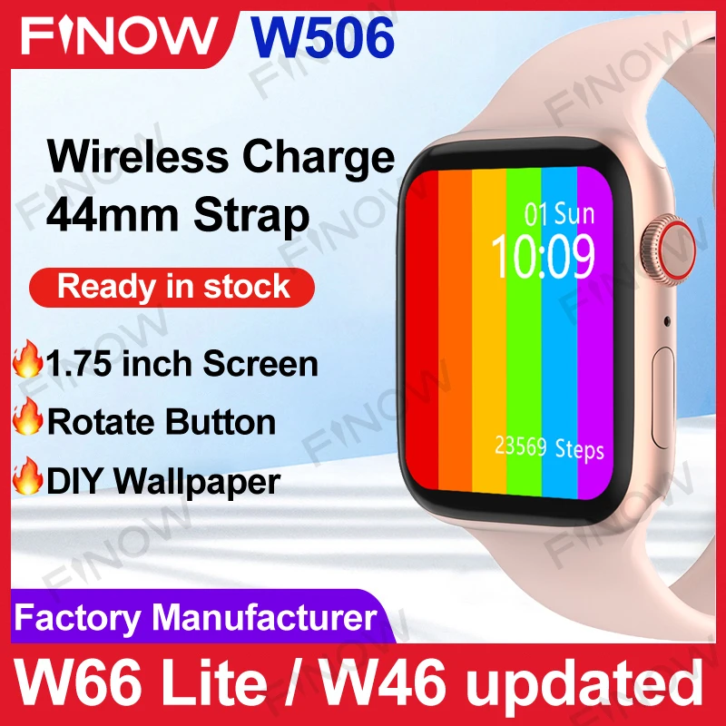 

Finow W506 Smartwatch 2021 Series 6 44mm DIY Wallpaper BT Call W66 Lite relogio Watch Wireless Charge PK HW22 pro Max M26plus