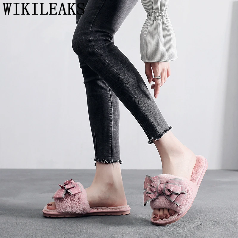 Зимние тапочки на плоской подошве для женщин Милые меховые Женские плюшевые