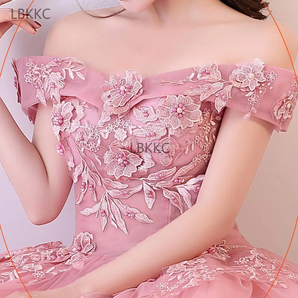 Розовое платье для девушек милое Тюлевое с кружевом и жемчугом платья выпускного