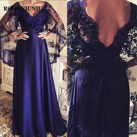 Vintage Lace Satin Women Wedding Dinner Party Dresses Navy Blue Mother of The Bride Dresses Plus Size Evening Gowns 2020