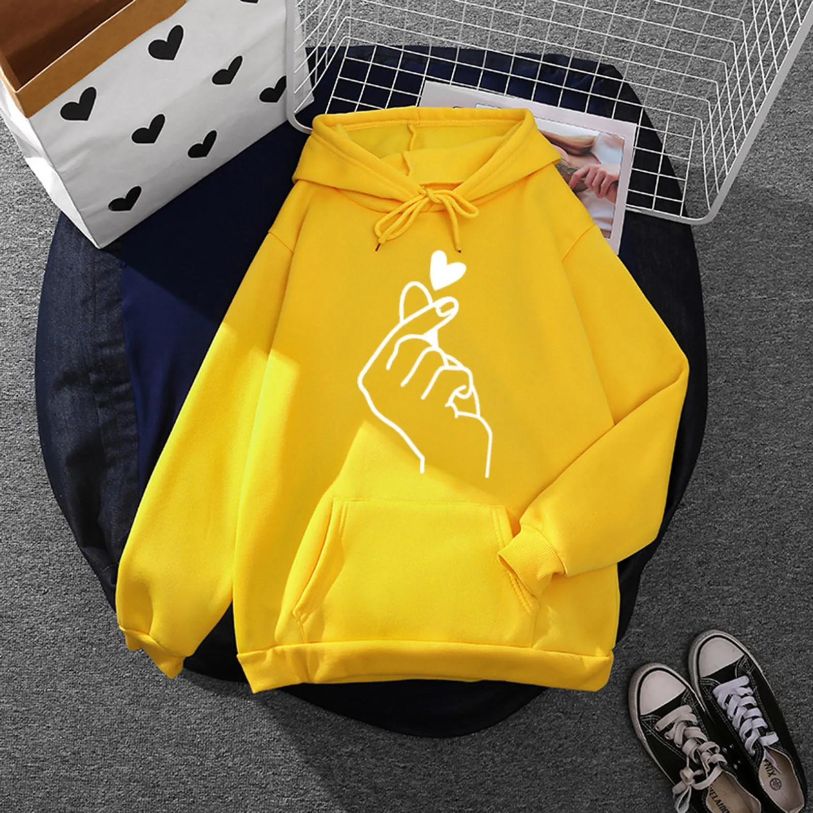 Women Casual Hoodie Love Printed Top Long Sleeve Loose Hooded Sweatshirt Top With Pocket Streetwear Women Oversized Hoodies