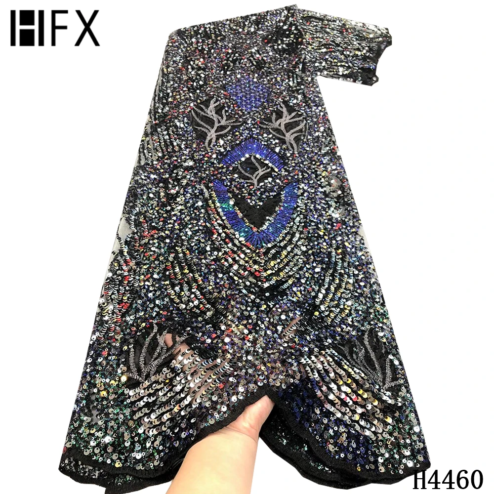 

HFX Latest African Sequins Lace Fabrics 2021 High Quality Embroidered Nigerian French Lace Fabric For Evening Party Dress F4460