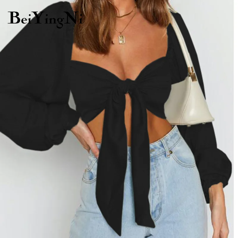 

Beiyingni Women's Chiffon Square Collar Lantern Sleeve Cropped Tops Solid Color Sexy Backless Blusas Bandage Slim Female Blouses