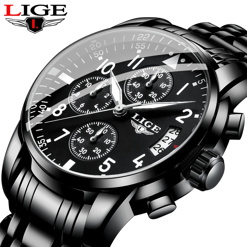 LIGE Business Mens Watches Top Luxury Chronograph Quartz Watch Men Black Stainless Steel Waterproof Date Clock Relogio Masculino