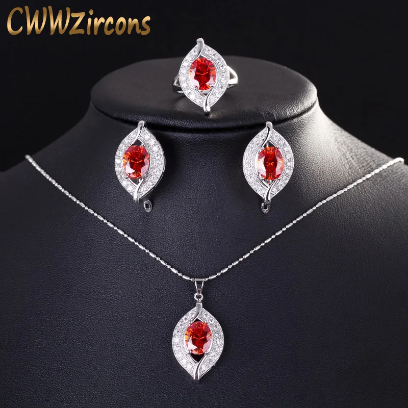 

CWWZircons High Quality Cubic Zirconia Red Crystal Leaf Necklace Earrings and Ring Sets Jewelry for Women Christmas Gift T192
